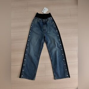 ALAÏA Studded Jersey-Trimmed High-Rise Wide-Leg Jeans